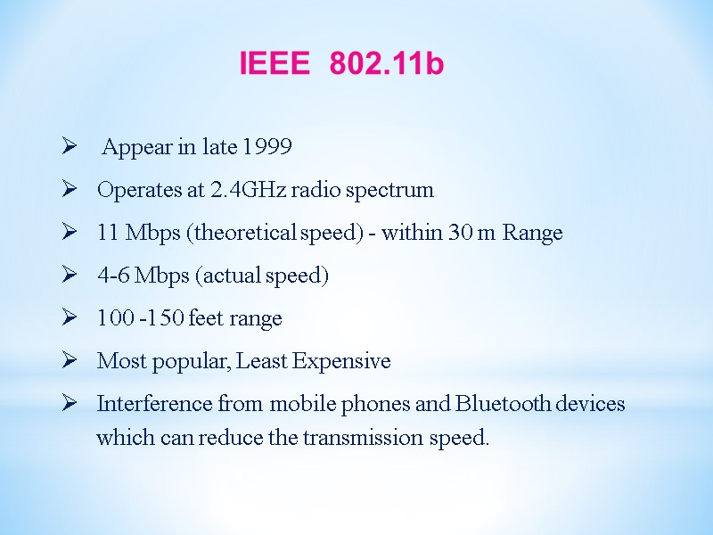 IEEE  802.11b     Appear in late 1999   